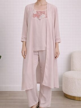 Le Bos 3 Piece Pant Set Women’s Size 10 Pink Chiffon Duster Tank Top Pants Flora